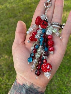 Handmade Red Crystal Bead Tassel Keychain Charm purse charm